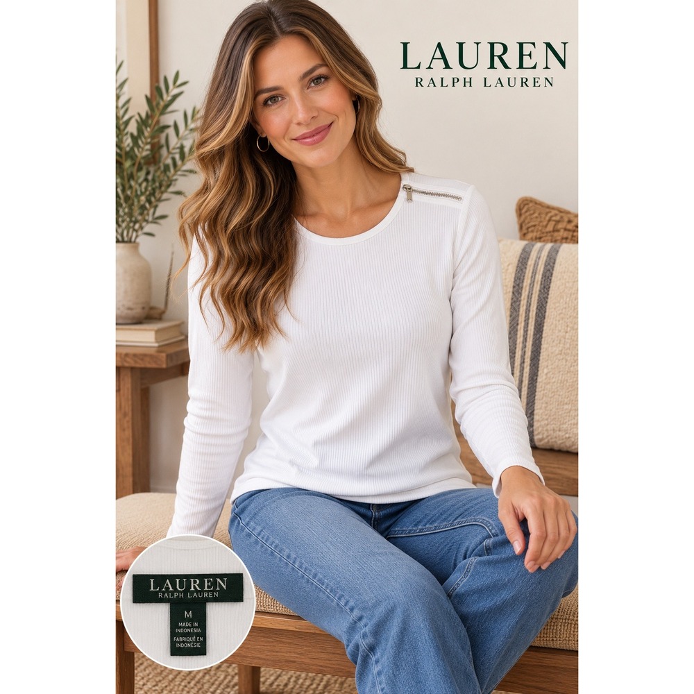 Lauren Ralph Lauren White Ribbed Cotton Long Sleeve Zipper Shoulder Top XL